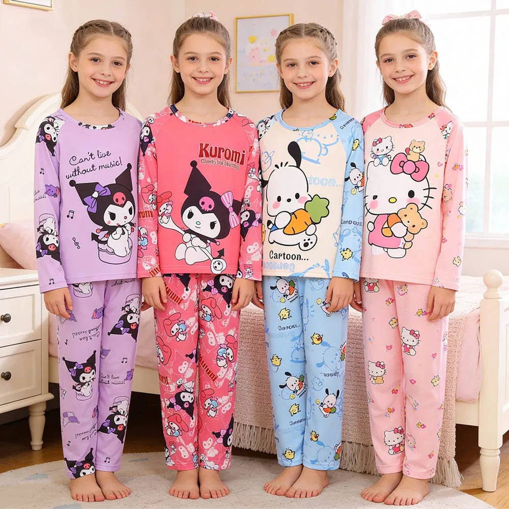 Conjunto de Dos Piezas de Pijamas para Niñas de 3 a 8, 9, 10, 11 y 12 Años, Pijamas para Adolescentes, Pijamas Infantiles de Hello Kitty y Kuromi, Ropa de Primavera