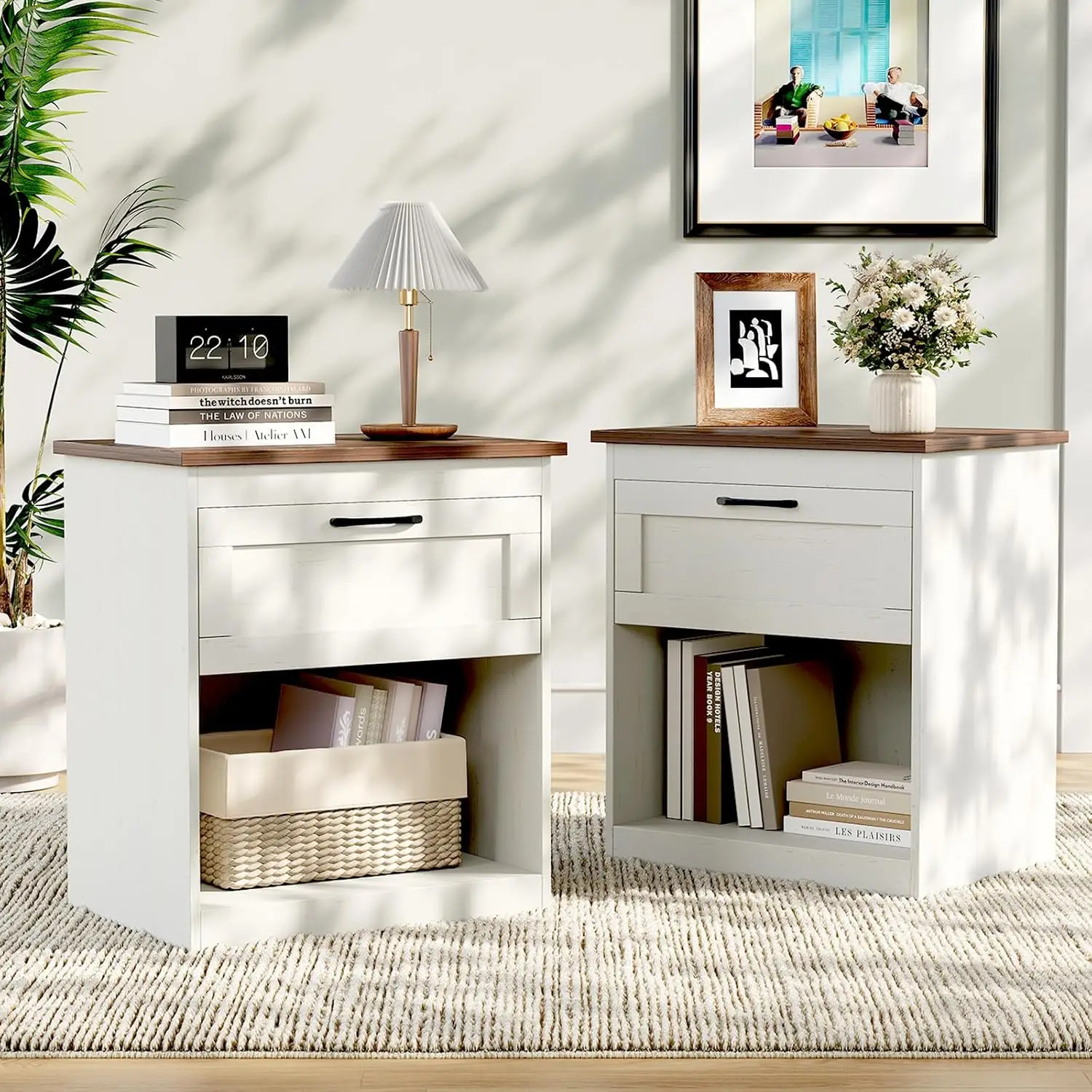 

White Night Stand Set of 2, Farmhouse Small Nightstand with Drawers and Open Storage, Wood Bedside End Tables for Bedroom, Livin