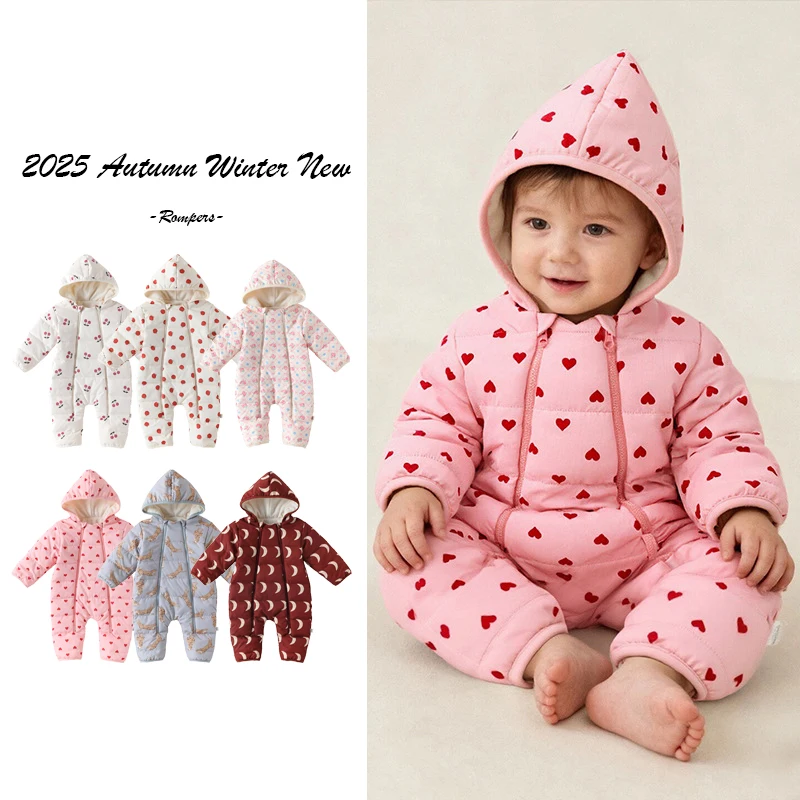 

2025 Winter New Baby Cotton Clothes Winter Sandwich Thick Warm Jumpsuit Cotton Coat Hoodie Climbing Clothes Bodysuits Rompers