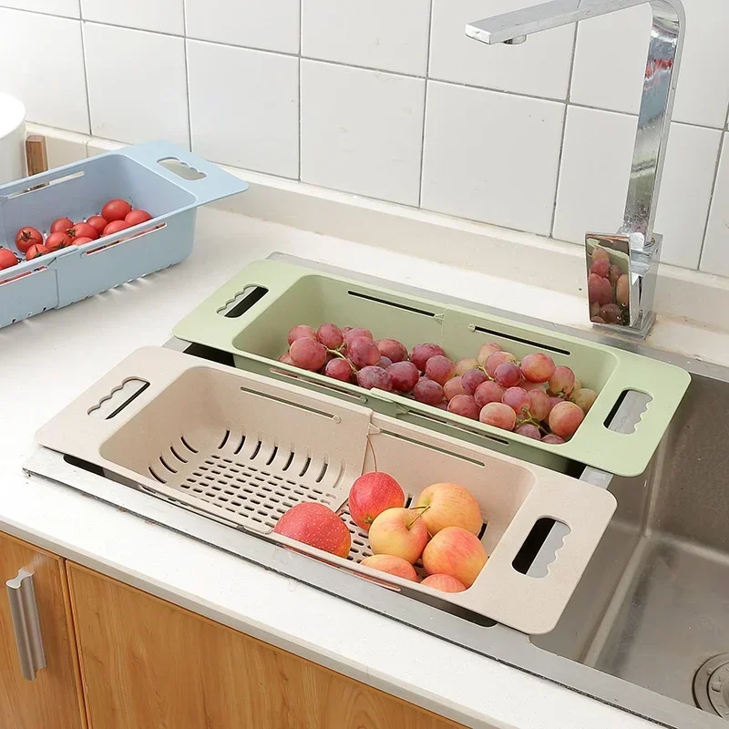Kitchen Portable Adjustable Dish Drainer Sink Drain Basket Washing Vegetable Fruit Plastic Drying Rack Accessories Supplies
