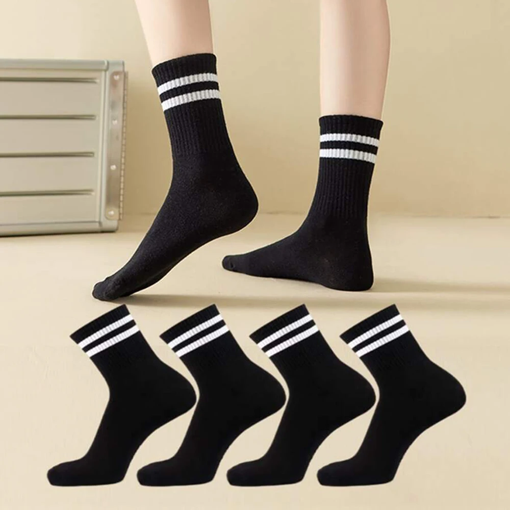 4 Pairs Women Mid Length Socks Simple Versatile Casual Black White Striped Breathable High-Quality Casual Round Neck Socks﻿