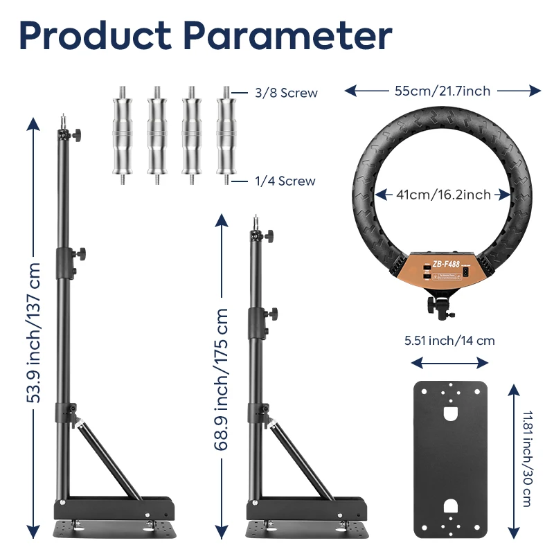 22inch Ring Light With 54/67inch Wall Mount Boom Arm Photo Studio Kit 180º Flexible 3/8