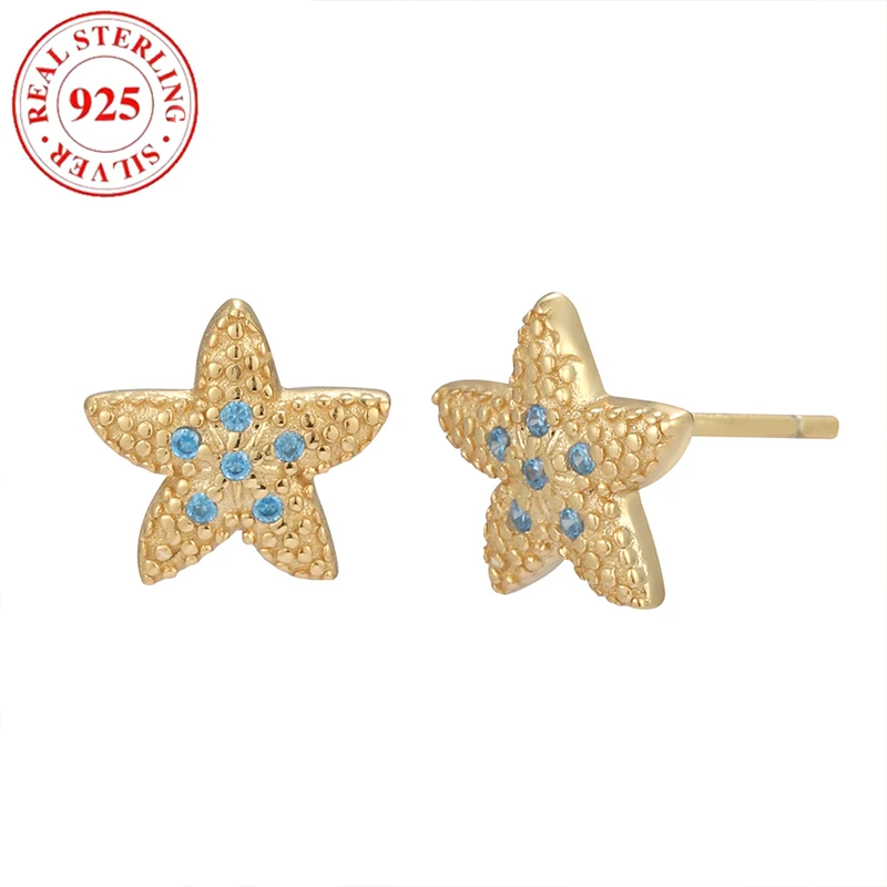 

925 Sterling Silver Blue Zirconia Gold Starfish Women's Earrings Hypoallergenic Suitable for Women's Holiday Gifts