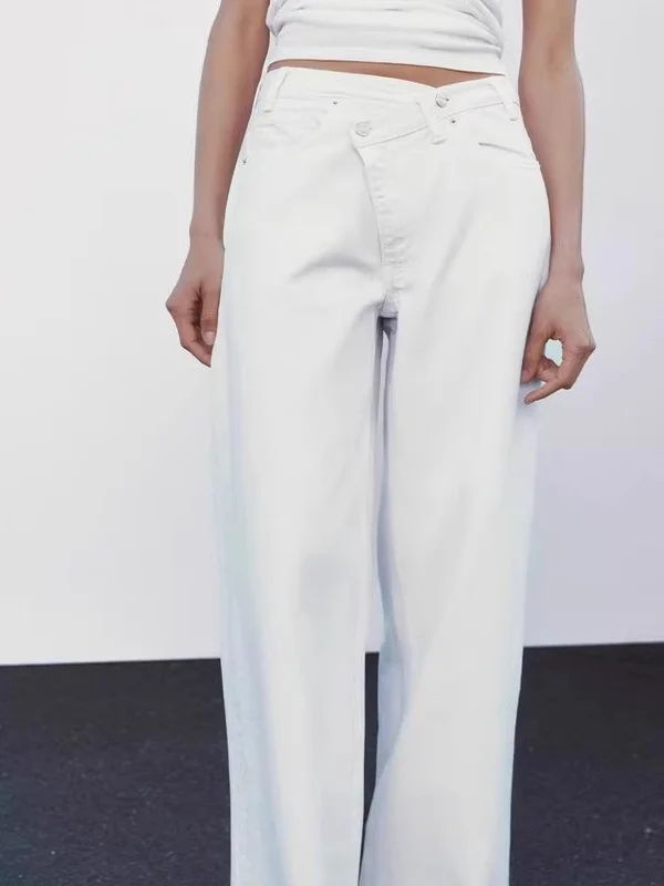 Jeans a vita alta con doppio bottone a vita alta in denim di cotone da donna nuovo autunno Jeans a vita alta con vestibilità ampia e casual da donna