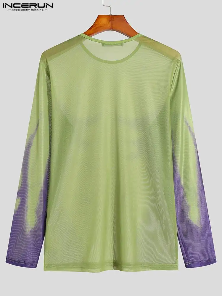 Casualowe w stylu Streetwear styl topy INCERUN przystojny męski nadrukowany wzór siateczkowy t-shirty modne męskie z długim rękawem cienka bluzka
