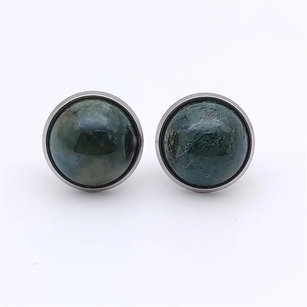 12MM Stone Pendant Stainless Steel Stud Earrings Jewelry Tiger Eye Opal Blue Pink Crystal Earings Women Men Gift