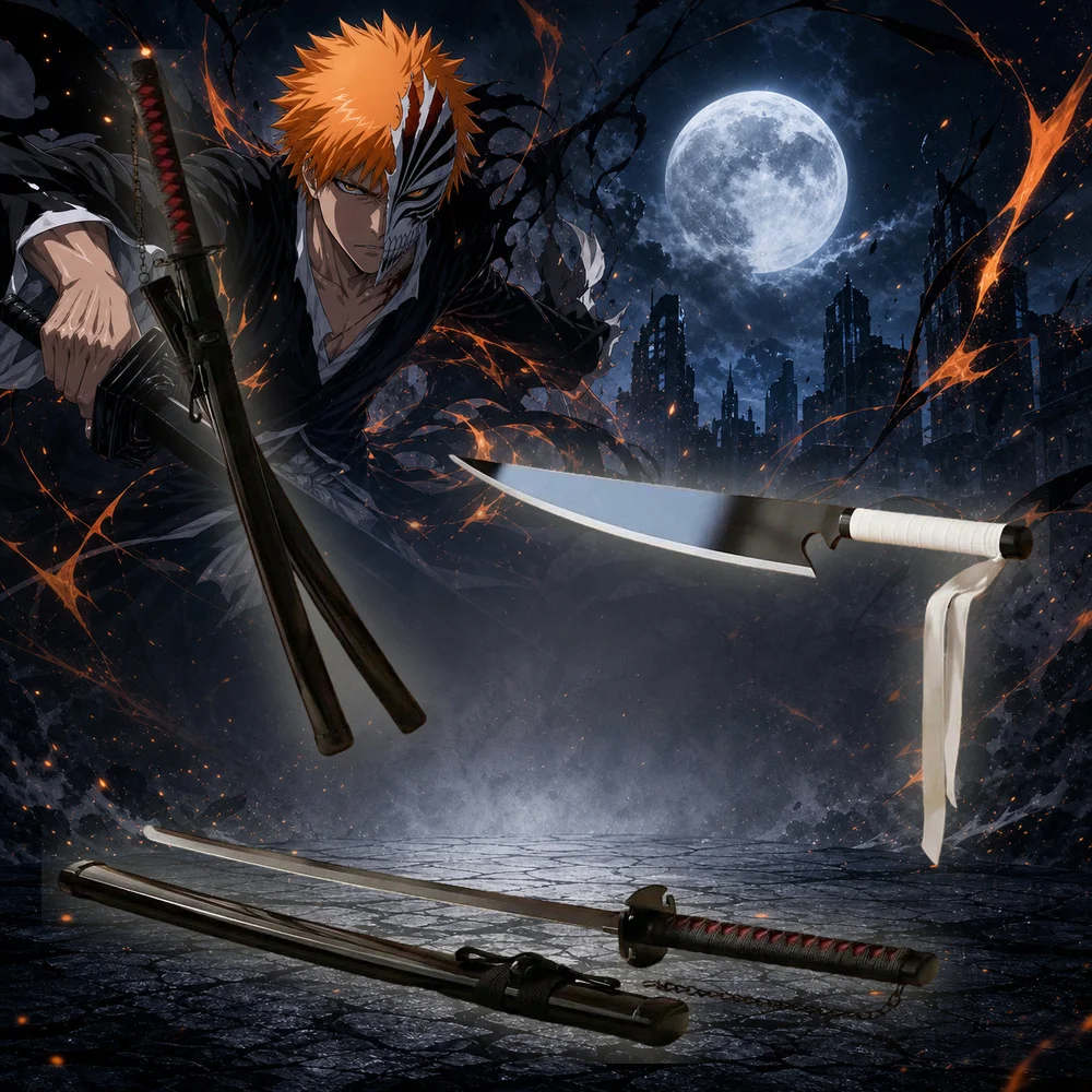 40inch 101cm Katana Sword Bleach Ichigo Kurosaki Zangetsu Cleaver Wood Bamboo Blade Anime Cosplay Costume Prop Belt Holster Stand Samurai Ninja Katana Wooden Sword Sabre Schwert Manga Zanpakuto Katana Toy Gift Collection Display Set