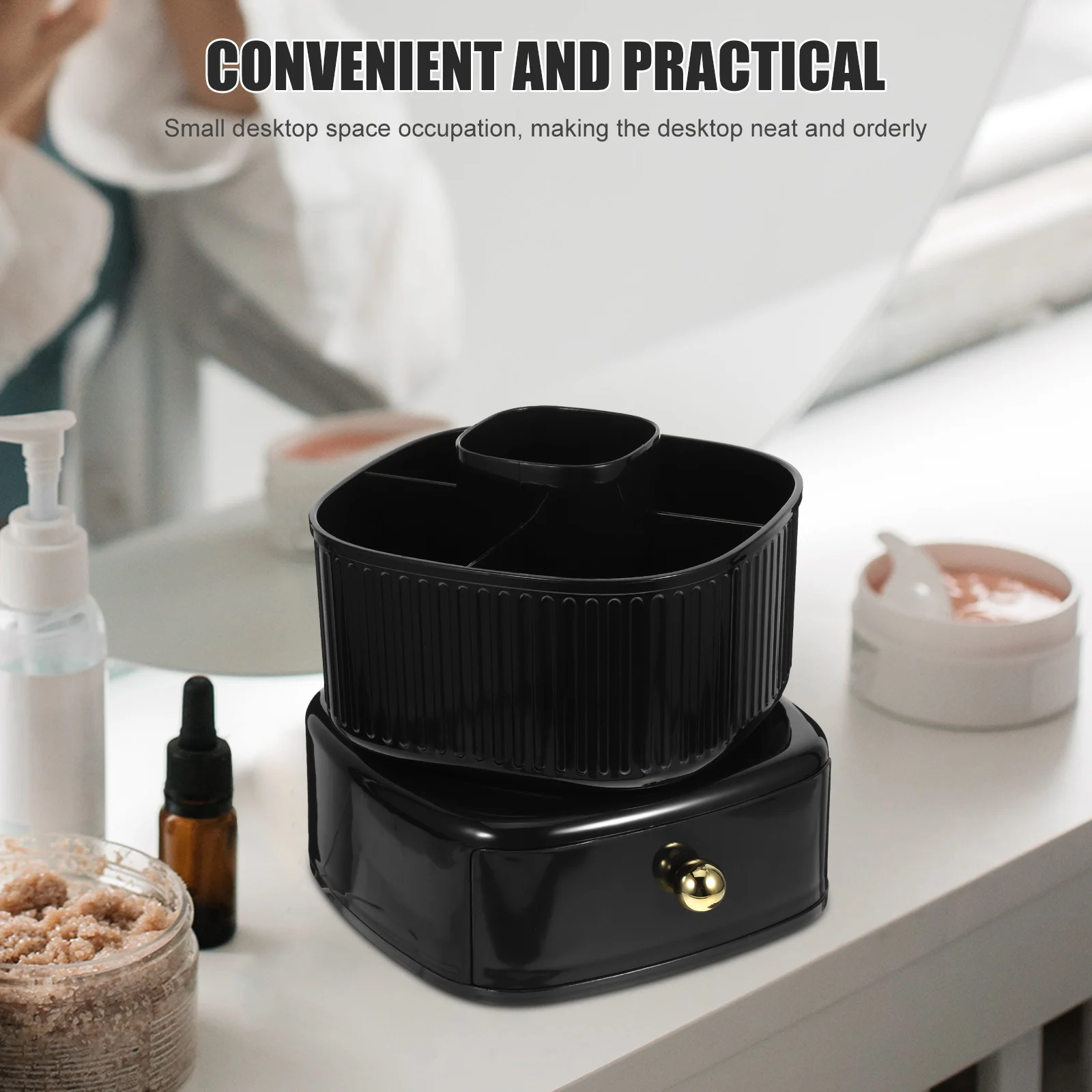 

360 Degree Rotating Brush Organizer Drawer Pen Holder Makeup Brush Cup Multifunctional Desk Storage Office School