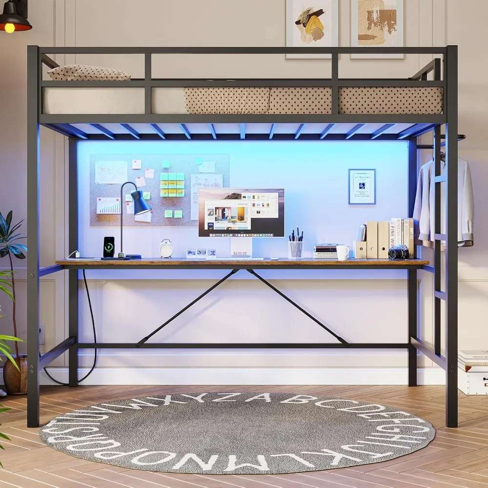 Loft Bed Twin Size  Desk and Charging Station Twin Metal Loft Bed Led Lights Twin Metal Bed Frame with Safety Guard & Ladder