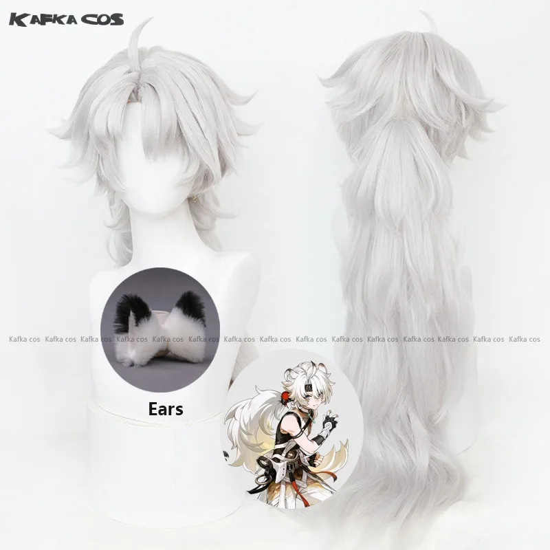 Game Wuthering Waves Lingyang Cosplay Wig 90cm Silver White Long Hair Ears Liondance Troupe Glacio Natural Resonator Halloween