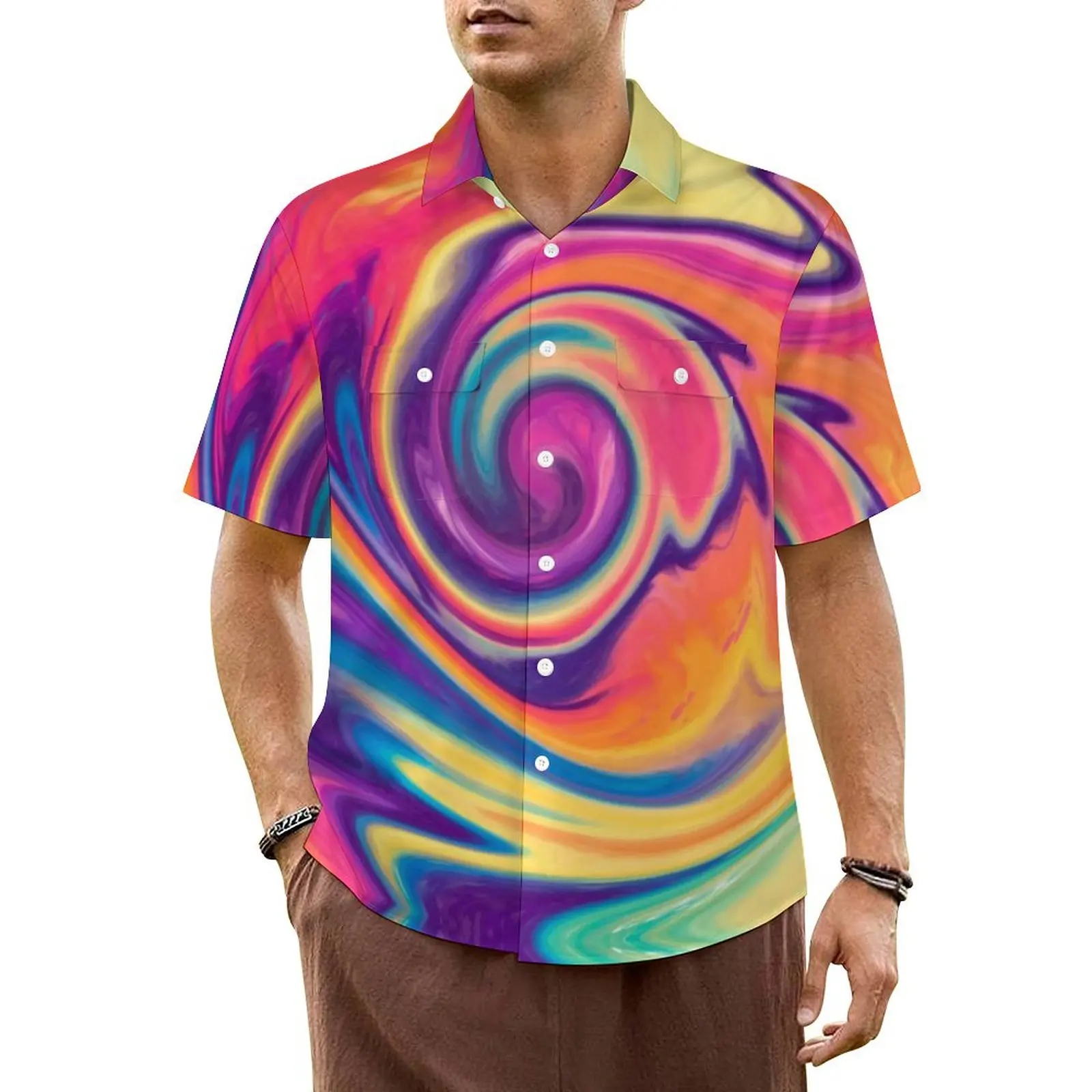 Bright Tie Dye Hawaii Shirt For Men Beach Modern Abstract Print Casual Shirts Short Sleeve Stylish Novelty Oversized Blouses