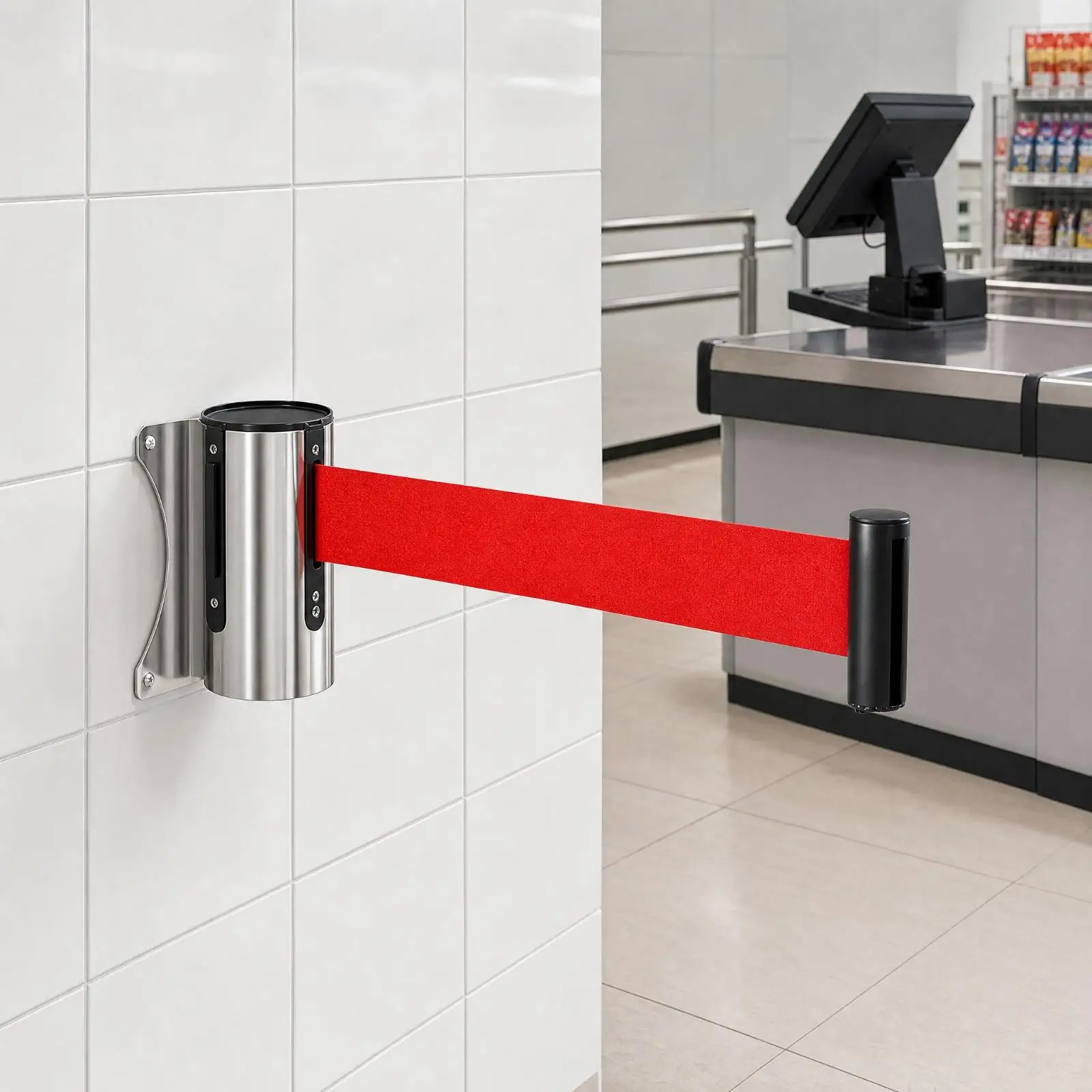 wallmount-retractable-barrier-belt-stainless-steel-cylinder-red-fabric-guide-for-retail-shop-entrance-control