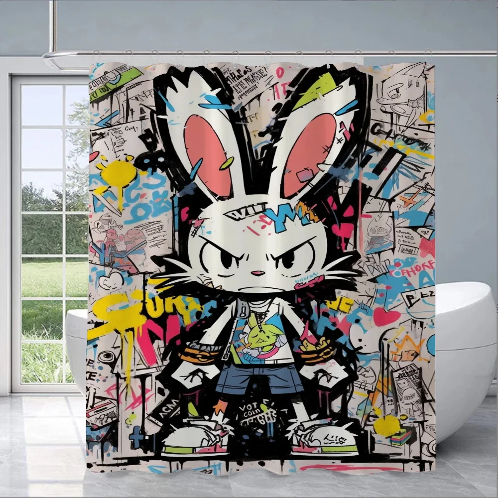 Graffiti Bunny Bathroom Curtain for Quarto Shower Curtains Folding Partition Accessories Bath Bedrooms Houses Rooms Waterproof