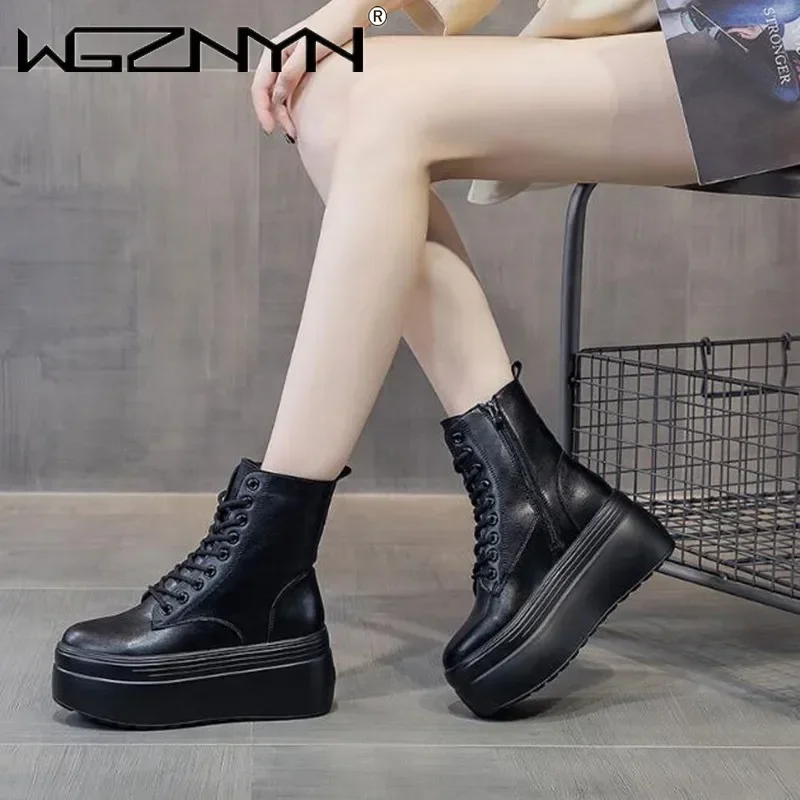 2025 Genuine Leather Ankle Boots Green Platform Sneakers for Women Thick Bottom Casual Women's Lace-up Combat Boots Chunky Shoes - view 5