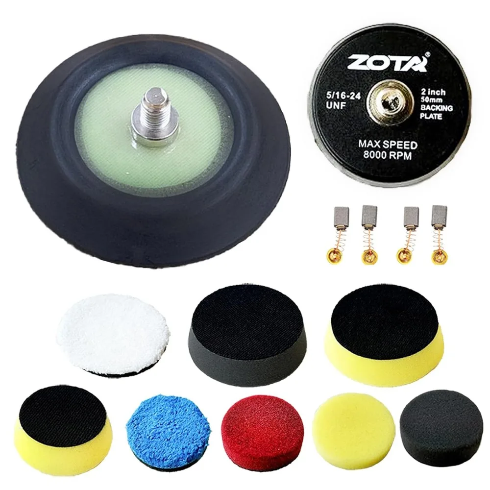 

12Pcs Car Buffing Kit, 2/ 3 Sponge Polishing Pad with 2 Set Carbon Brush, 2/ 3 Base Plate [5/16-24Unf] Screw Connection, Drill P
