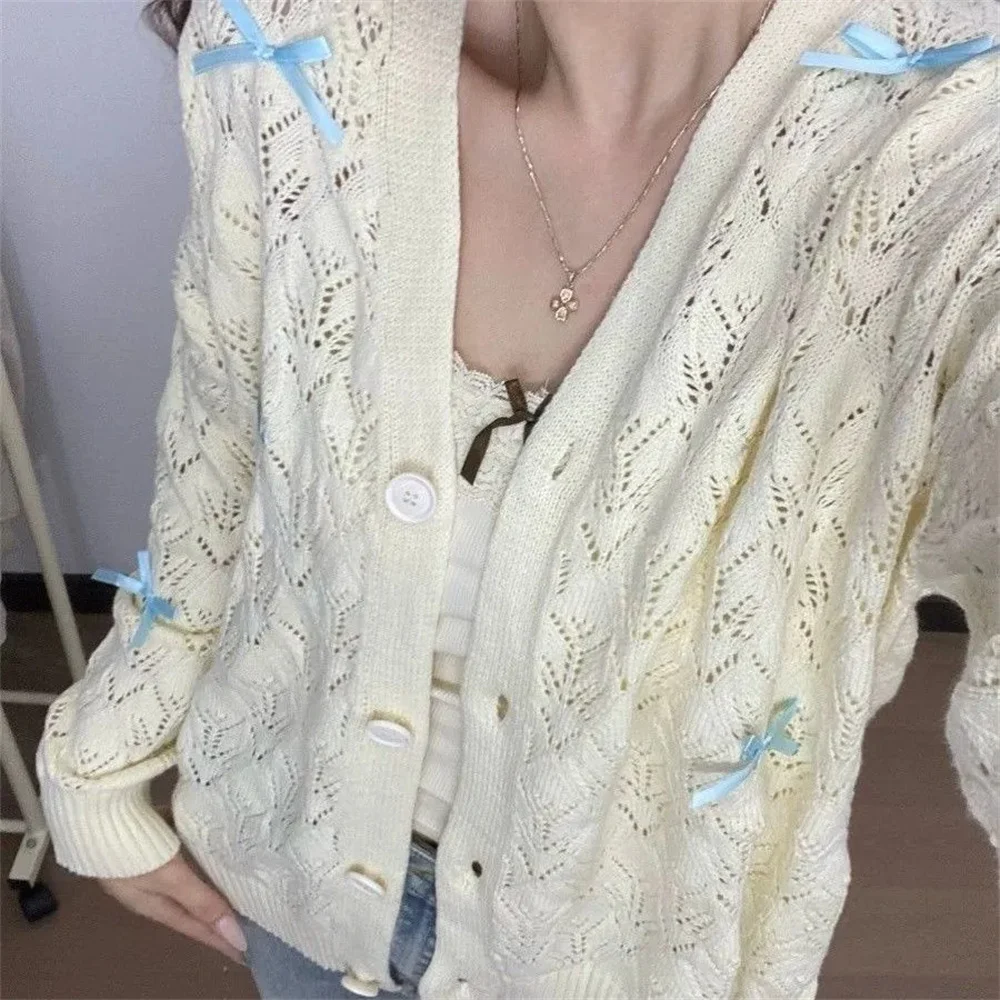 Knitted Summer Cardigan Women Thin Short Sleeve Bow Design Korean Sweater Fashion Casual Solid Color Sun Protection Y2k Blouse