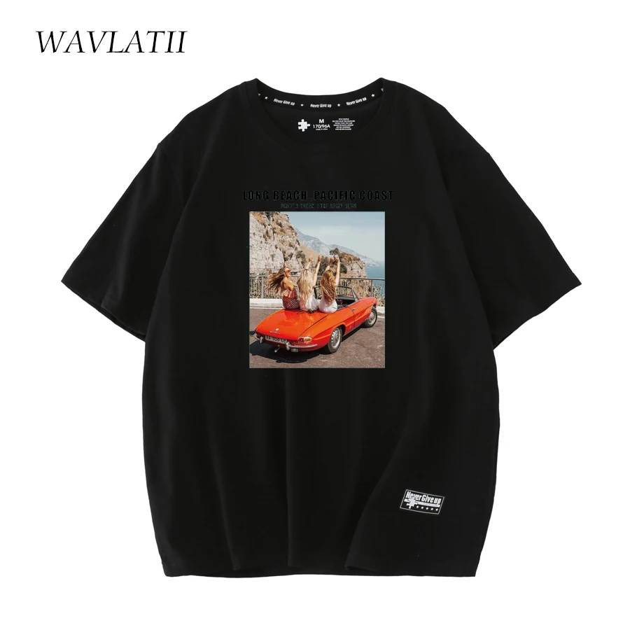 Wavlatii-女性用ピンクのホワイトプリントTシャツ,カジュアルで快適なサマートップ,ストリートウェア,新しいコレクションwt2232