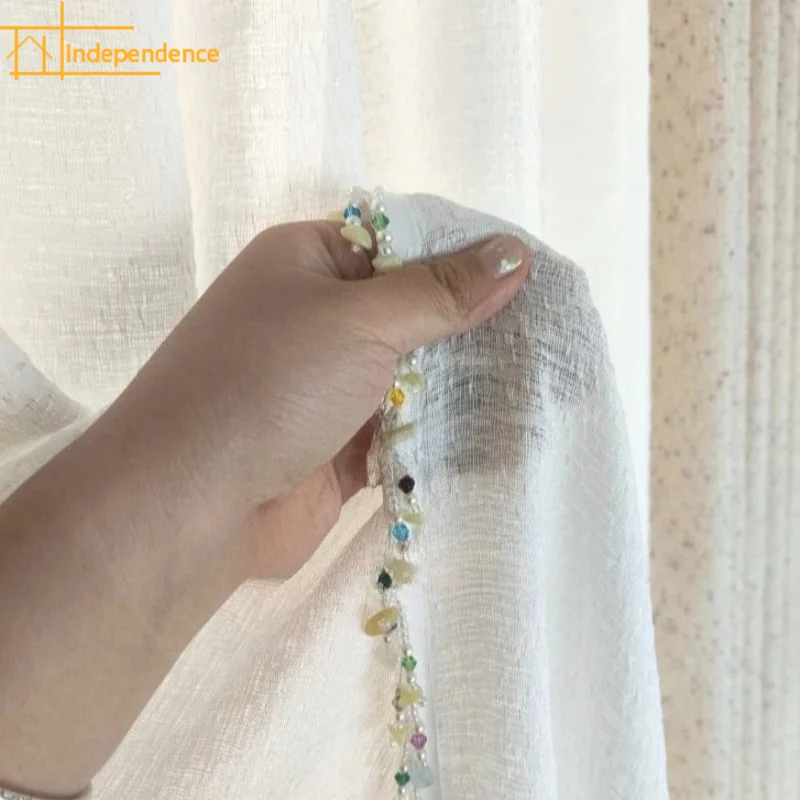

Color Grain Cotton Linen Cream Cotton Linen Thickened Curtains for Linen Lace Splicing Living Room Bedroom French Window