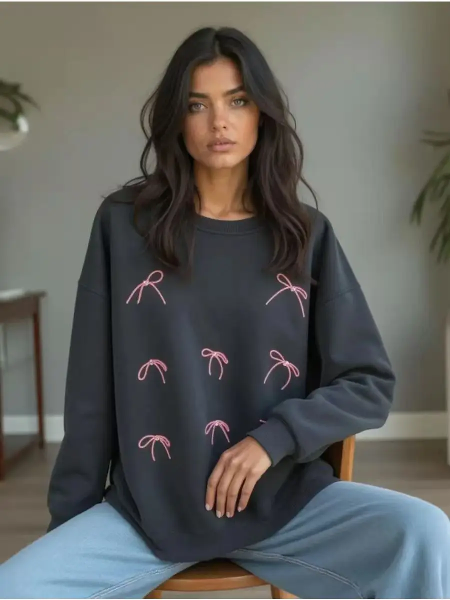 

Черный темно-серый свитшот с принтом американского банта, женский пуловер с круглым вырезом и длинным рукавом, осень 2025 г., большие толстовки, повседневные рубашки, новинка