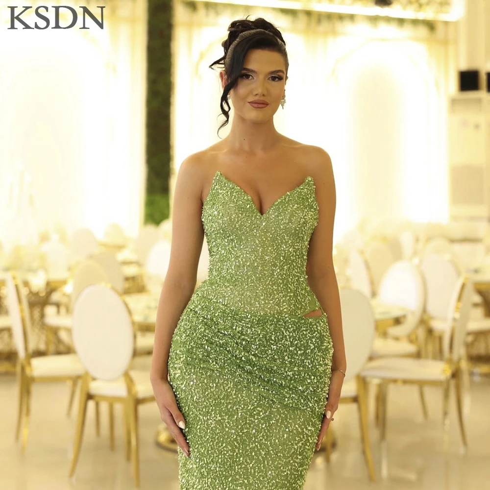 KSDN-vestidos de noche sin tirantes, elegantes, sin mangas, hasta el suelo, tren de barrido, vestido plisado de alta calidad, vestido Formal