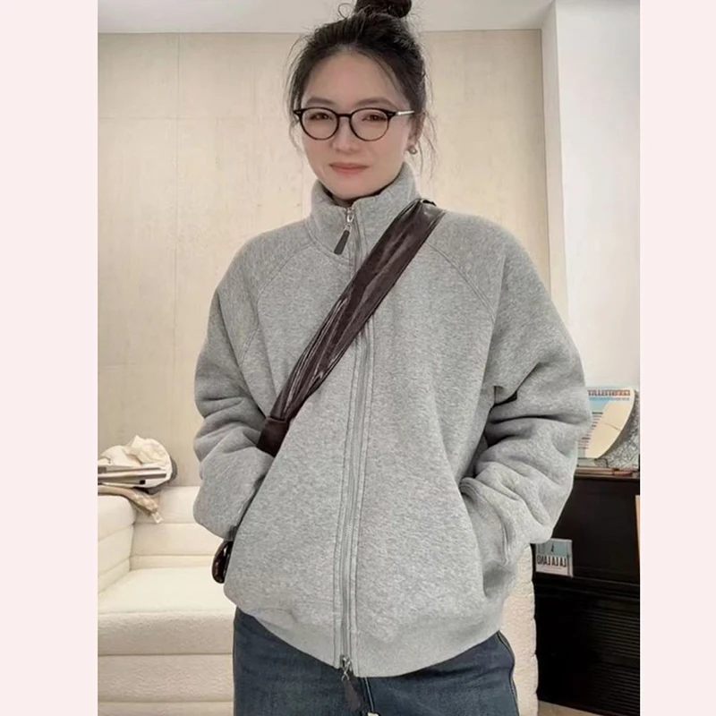 

Утепленный кардиган из овечьего бархата на молнии, женский свободный универсальный теплый свитшот-куртка, повседневное пальто с длинными рукавами