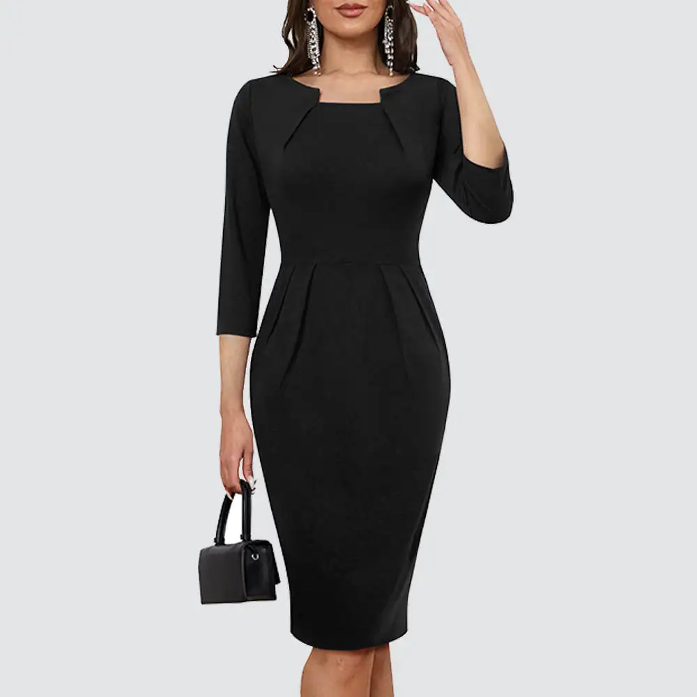 

Women Wear to Work 3/4 Sleeve O Neck Pleated Elegant Lady Bodycon Office Pencil Dress HB725