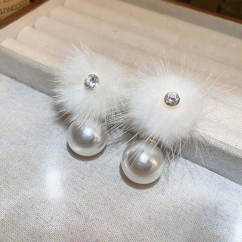 Big Pearl Hairy Fluff Earring Drop Earrings for Girls Cute Japanese Students Autumn Winter Plush Ball Ear Drops Jewelry Earrings