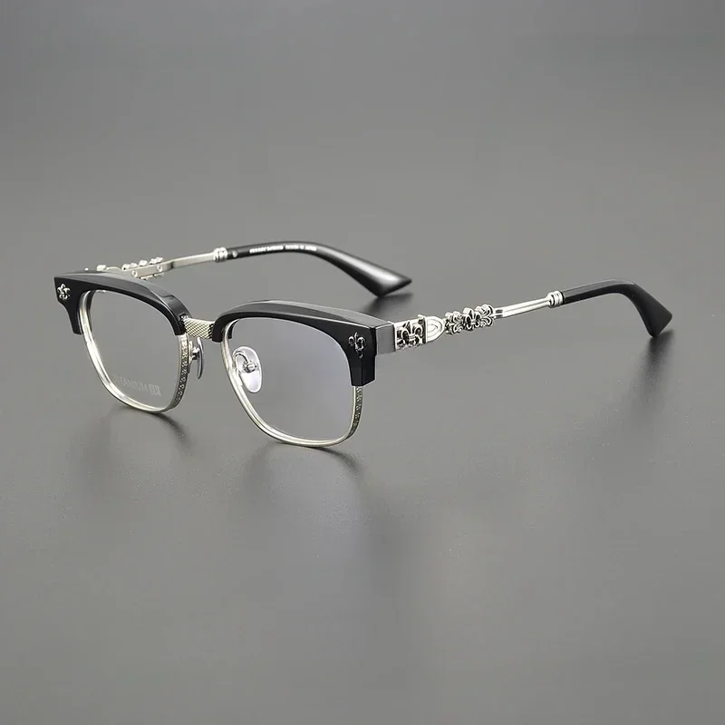 2023 High-End Handmade Carved Eyewear Pure Titanium Medium Gold Glasses Luxury Italian Acetate Half Frame Myopia Glasses