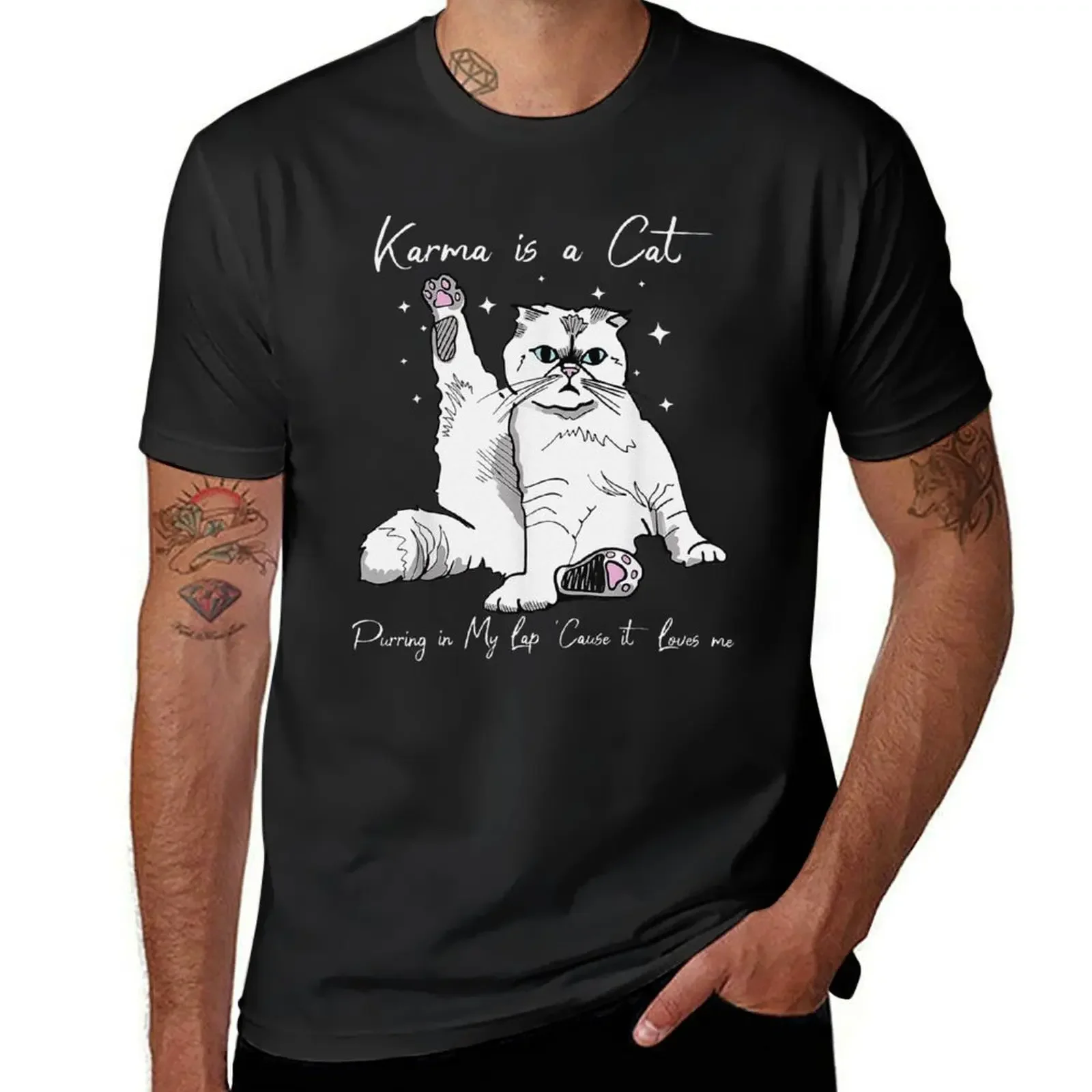 Karma Is A Cat Purring In My Lap Cause It Loves Me Cat Lover T-Shirt graphic t shirts cute clothes graphic shirts mens clothing