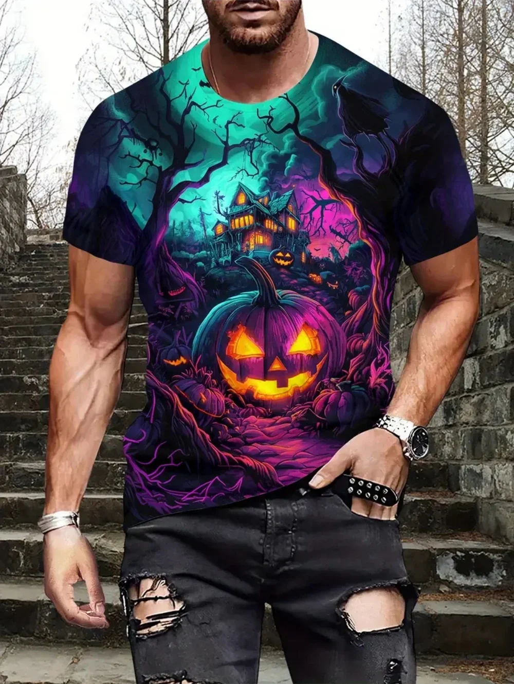 

Halloween Dress Up Men's T-Shirts Hip Hop Trend Harajuku y2k Clothes Horror Pumpkin Pattern Short Sleeve Tops Fashion Loose Tees