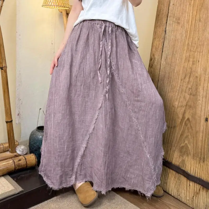 

New Summer Arts Style Women Elastic Waist Loose A-line Skirt All-matched Casual Burrs Splicing Cotton Linen Long Skirts TH82