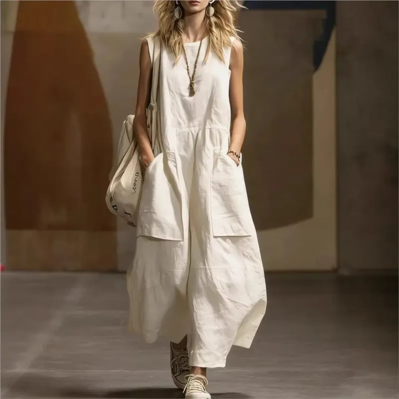 

Summer Fashion Oversized Office Dress Women's Foreign Style Sleeveless Design Dresses With Pockets Lady Beach Vacation Vestidos