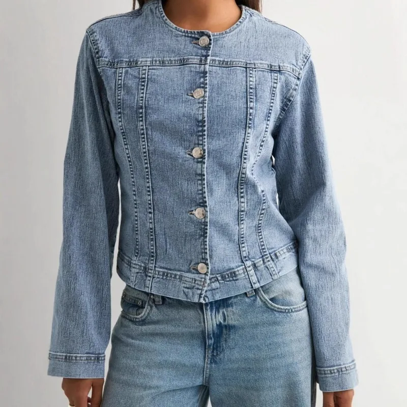 2026 ربيع الخريف الصناعة الثقيلة غسلها الدنيم سترة المرأة عادية قصيرة جان معطف س الرقبة ضئيلة المتعثرة Chaqueta ملابس خارجية