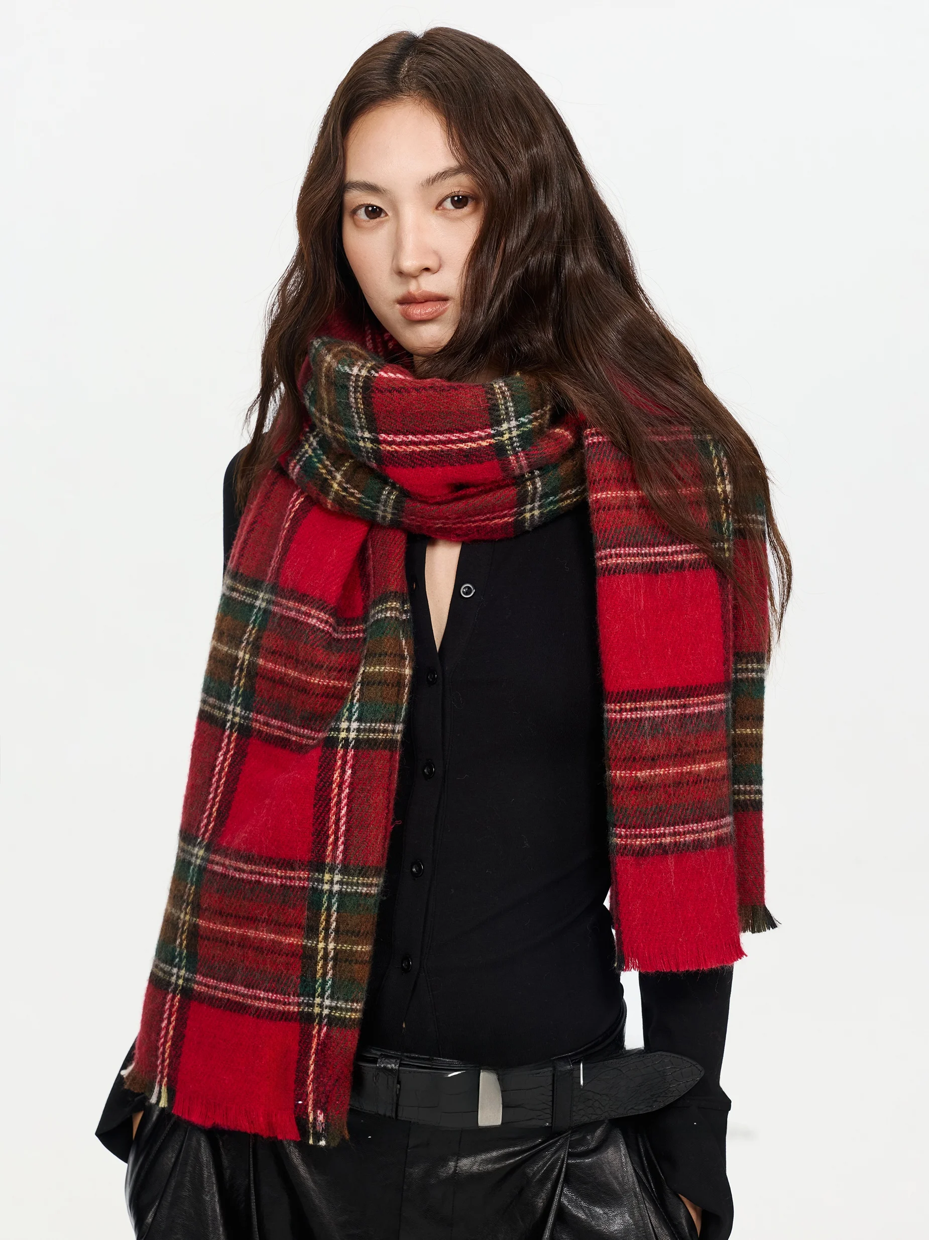 レッドチェック柄ウールブレンドスカーフ女性用冬英国レトロチェック柄ネックウォーマーショルダーラップ多機能暖かさ若者大人