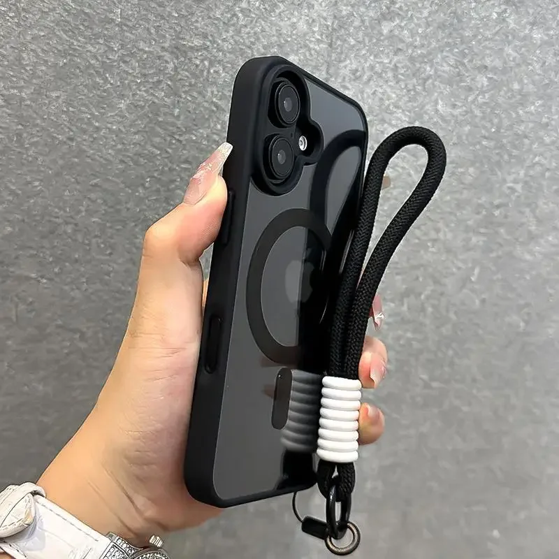 

Luxury Clear For Magsafe Phone Case For iPhone 16 15 14 13 12 11 Pro Max With Lanyard Shockproof Armour Wrist Strap Back Cover