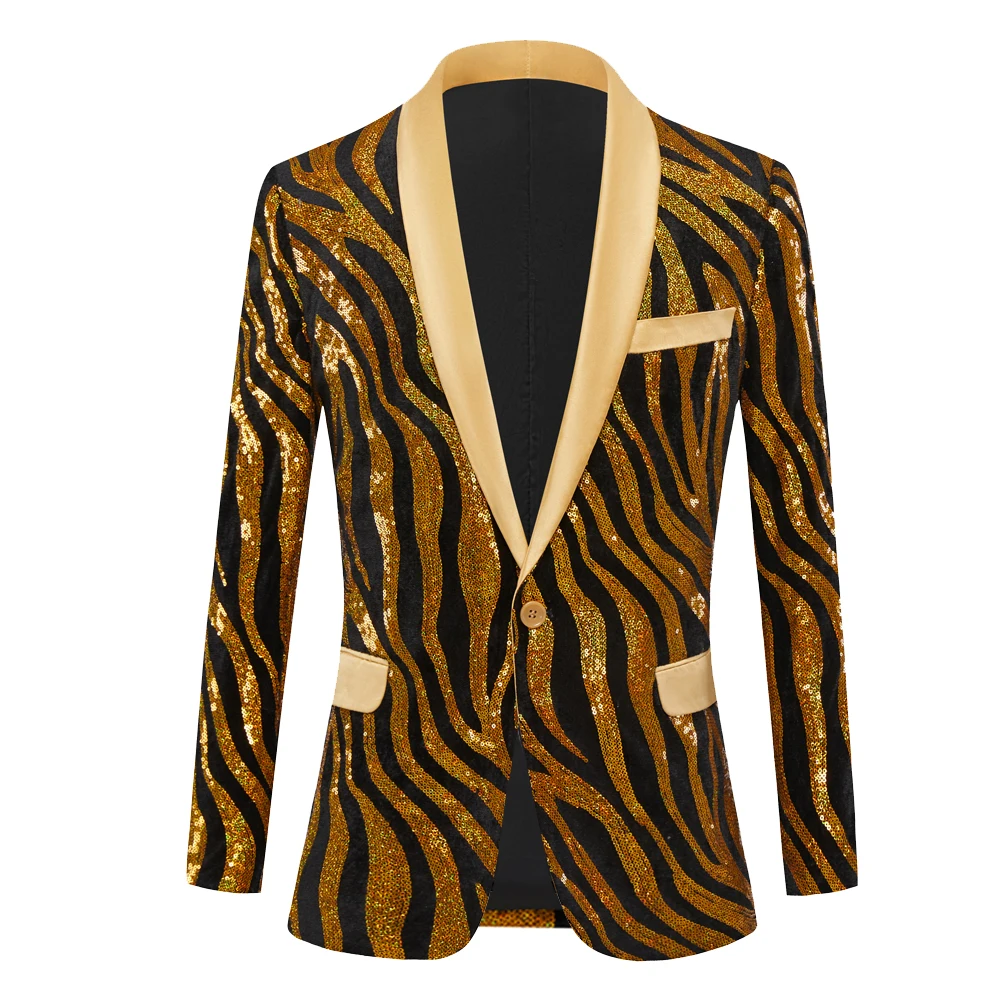 Men\'s Yellow Striped Trendy Sequins Men\'s Singer Stage Performance Host Dress Suit Coat Jacket Tuxedo Gentlemen Wedding Groom