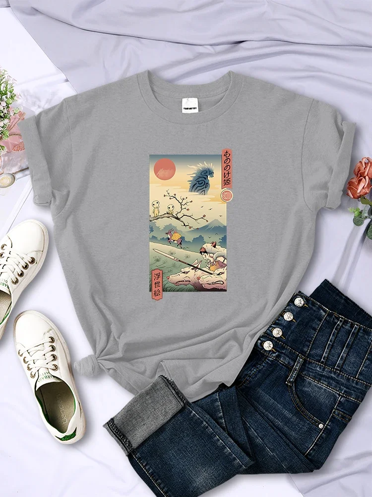 Breathable T Shirt Wolf Princess Ukiyo Japan Style Female Short Sleeve Hip Hop Casual Summer Tops Street Soft Womens Clothing