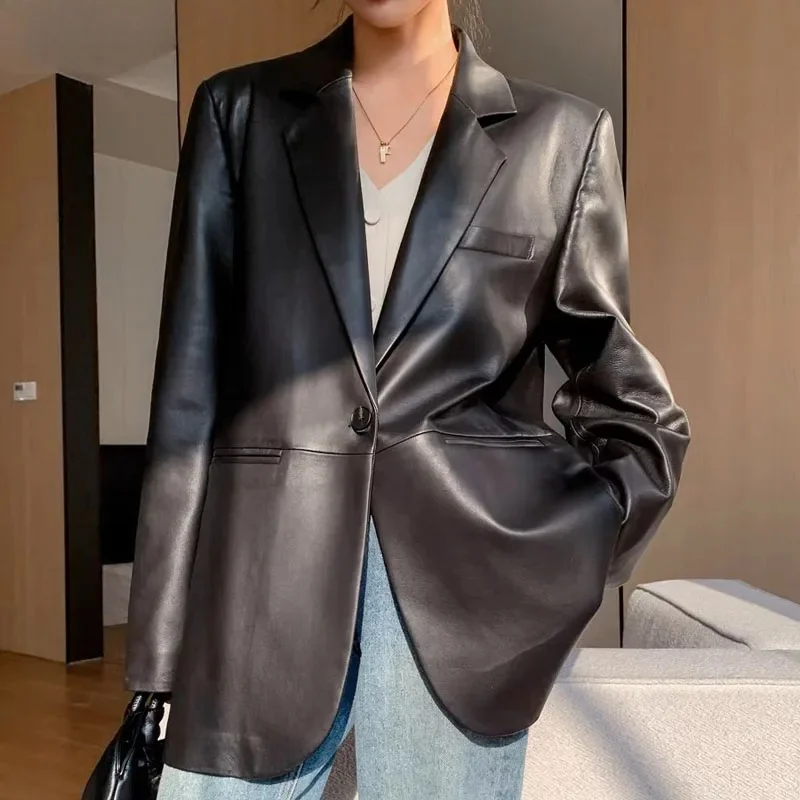 معطف جلد الغنم بطبقة علوية للنساء بدلة بزر واحد وياقة خلفية 100% ملابس جلدية كبيرة الحجم ليندا بيج رمادي Ceket