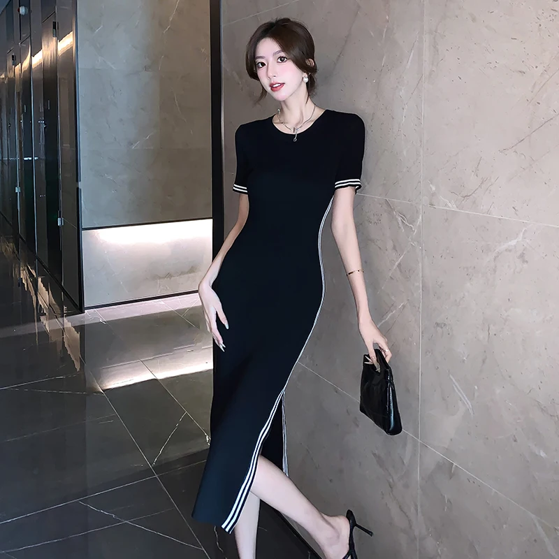 2024 Summer Elegant Maxi Dresses For Women Simple Temperament Generous Comfortable Short-Sleeved Hip Round Neck Black Dress