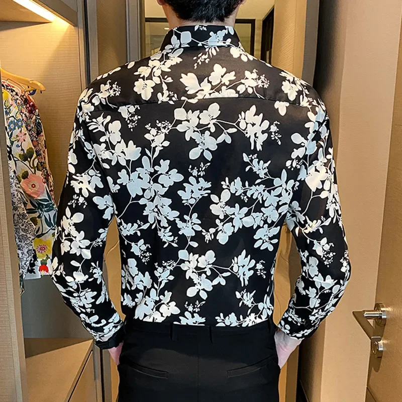 2024 Spring Men Slim Floral Print Long Sleeve Shirt Turn Down Collar Button Blouse Luxury Social Shirts Holiday Party Tops