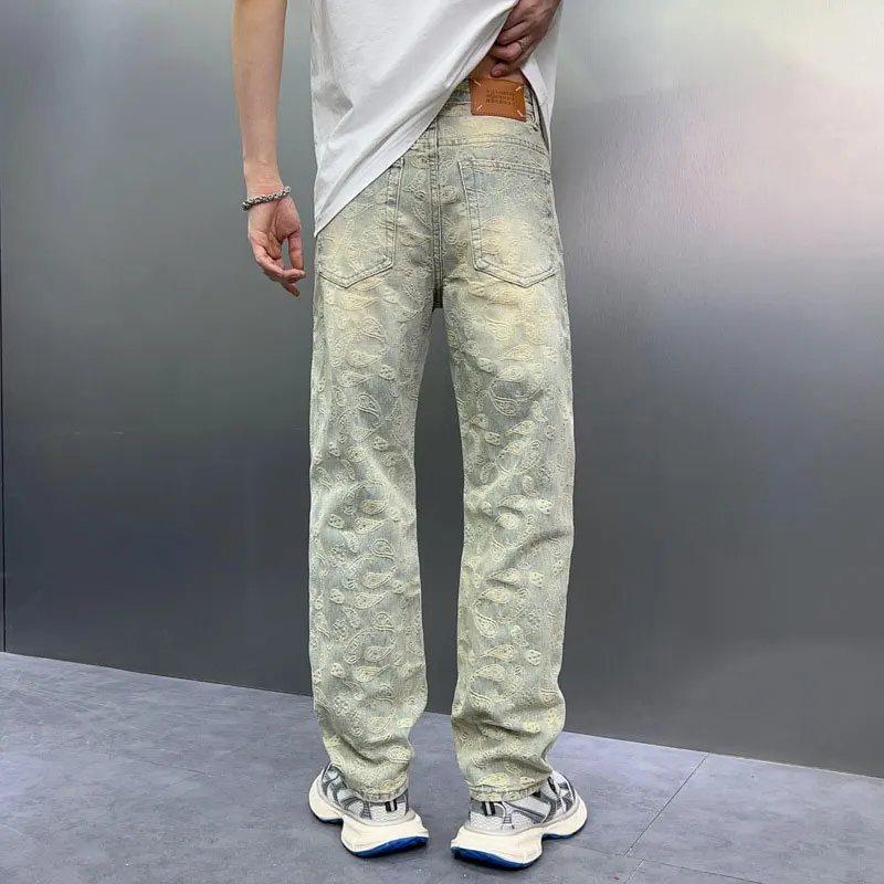 Jeans rasgado azul lavado retrô masculino, designer de jacquard, calça jeans hip hop, calça reta, ajuste solto, moda de rua