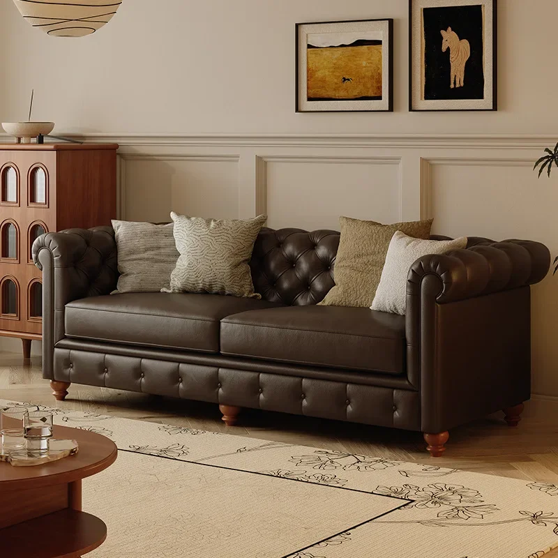 retro leather sofa French light luxury leather sofa living room first layer cowhide solid wood large apartment straight row