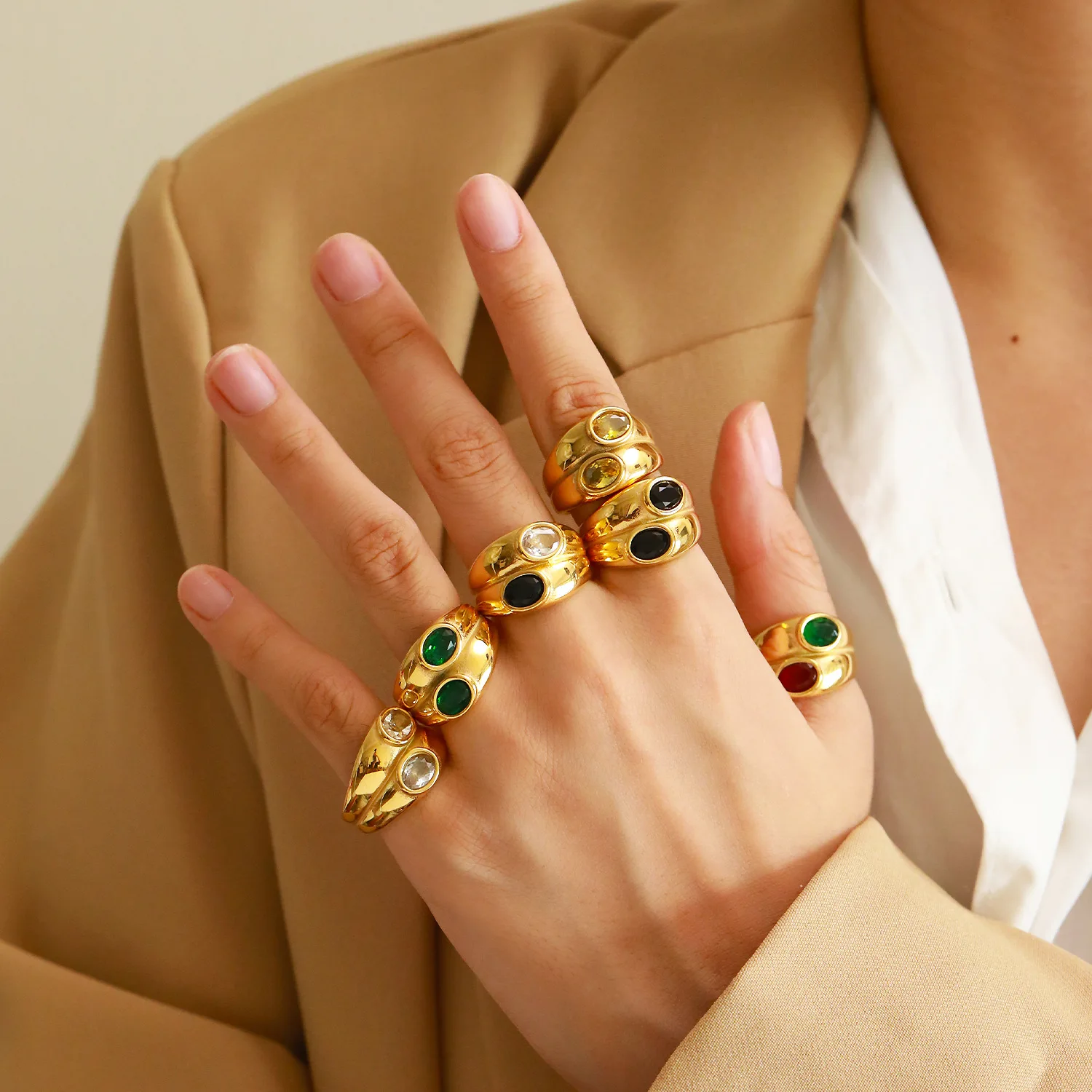 

Waterproof Fashion Stainless Steel Wide Double Layer Zircon Finger Ring Luxury Multicolor Crystal Female Wedding Jewelry Gift