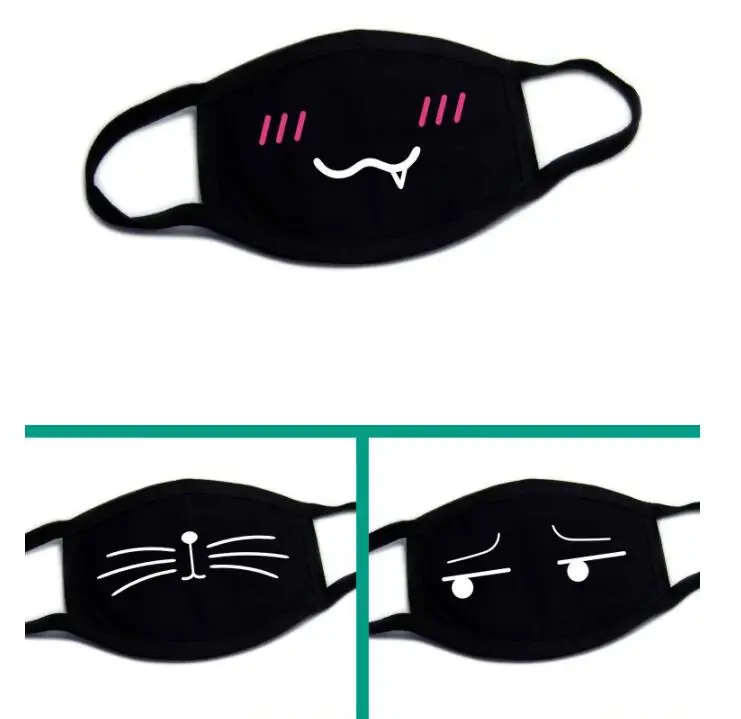 Masque noir unisexe pour l'hiver, demi-masque facial épais, en coton, motif de dessin animé, Anti-poussière, Anti-respirateur, Kpop noir