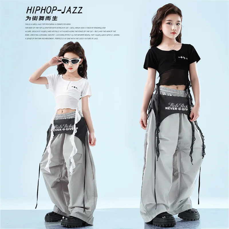 어린이 재즈 댄스 공연 의상 소녀 크롭탑 반팔 바지 힙합 트렌드 무대 패션쇼 의상