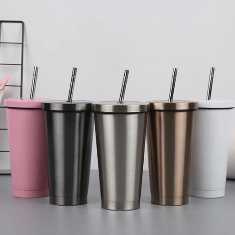 Stainless Steel Coffee Mug 500ml With Lid Beer For Tea Metal Cup Drink Straw   Travel bottle