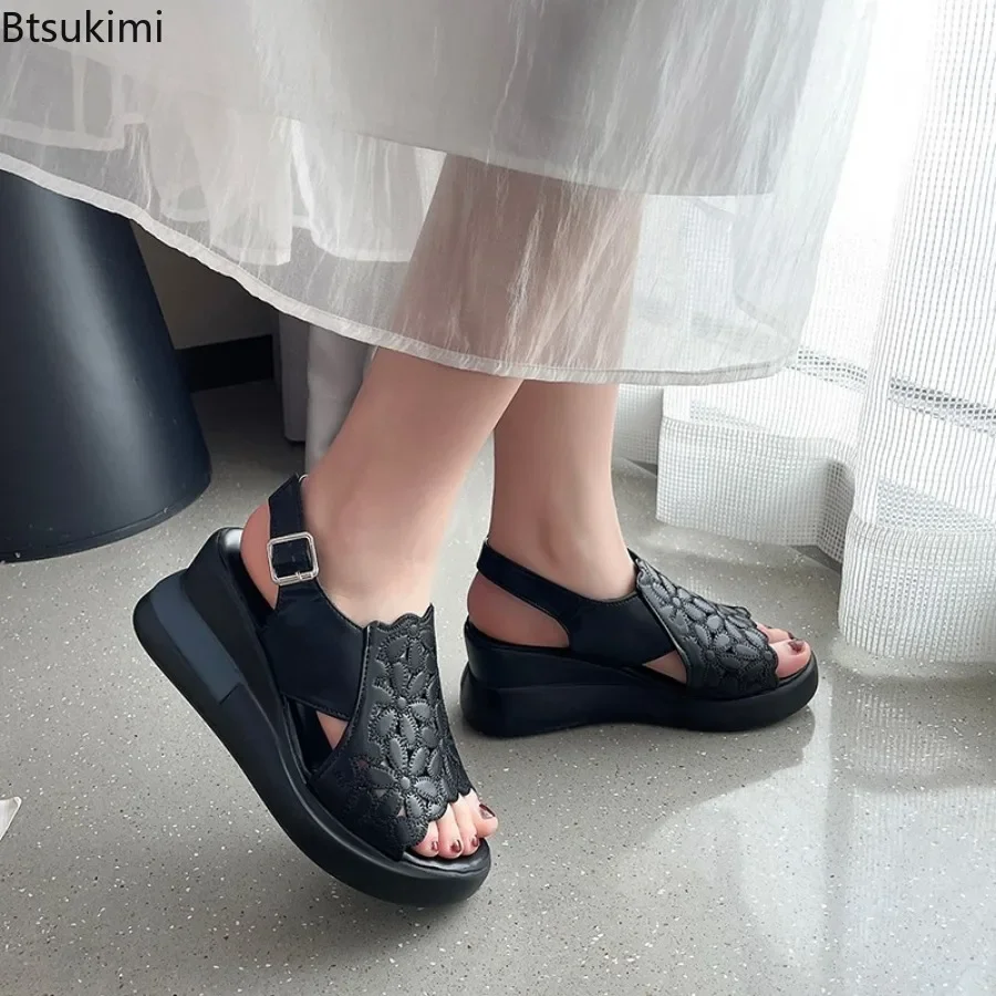 2024 Women\'s Summer Wedges Sandals Shoes Hollow Out Buckle Strap Design Peep Toe Sandals Female Leather Shoes Zapatos De Mujer