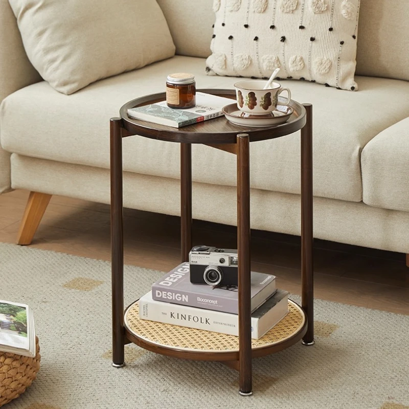 Vintage Rattan Nightstand Round Side Table with 2-layer Design Chic Bedroom End Tables Space Saving Living Room Accent Tables