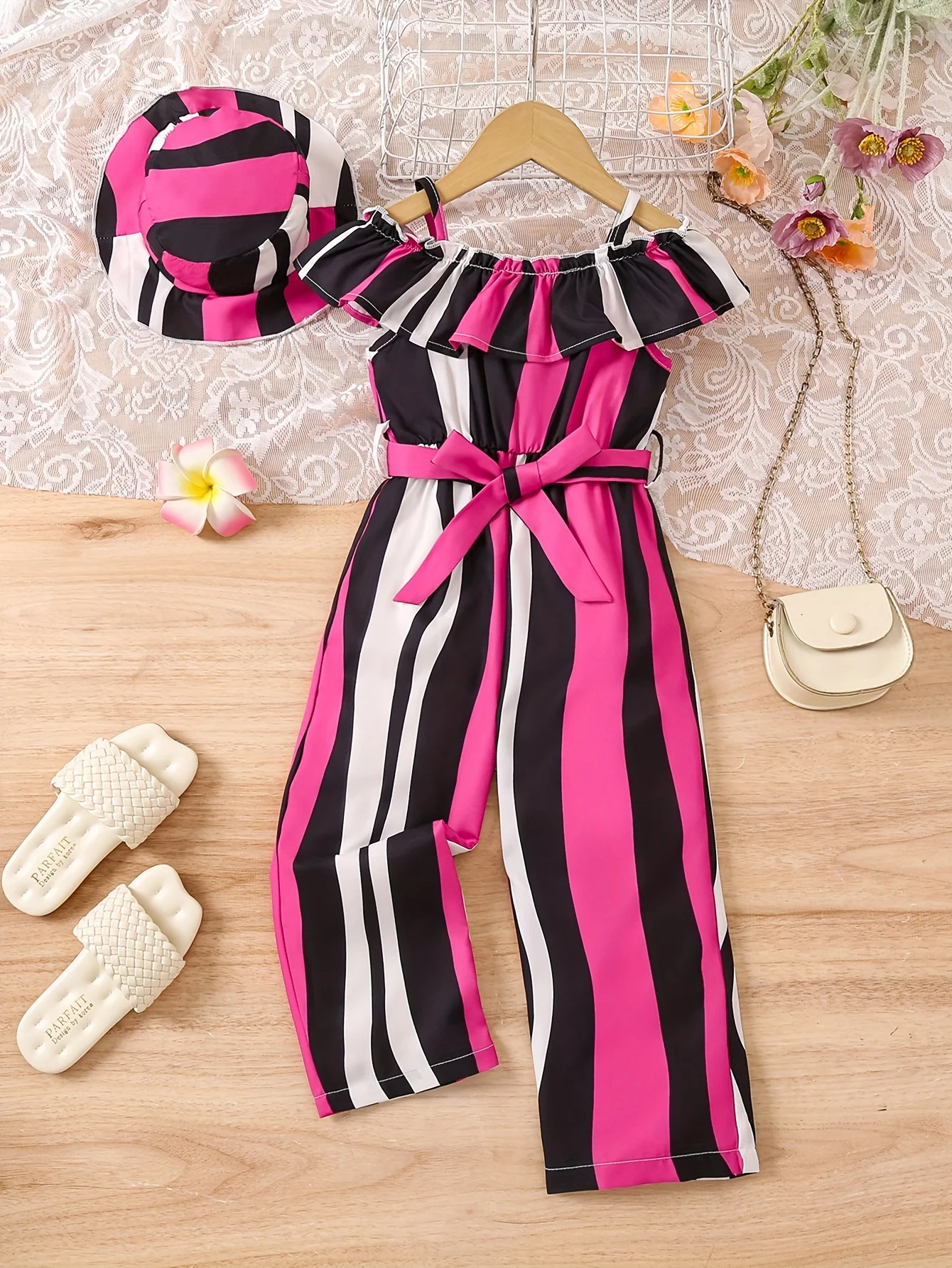 2PCS summer new casual cute comfortable holiday wind European and American style girl striped waist belt jumpsuit with hat