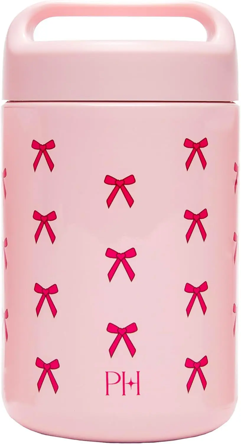 

Stainless Steel Food Jar, Double Wall Vacuum Sealed Insulated Food Storage Container with Carry Handle Lid, 16-Ounce, Pink with Bow Design